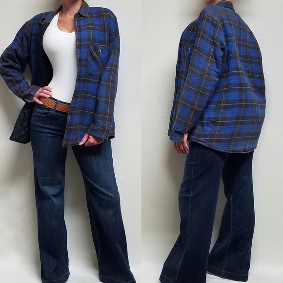 𝅺VINTAGE 80s Parkshire Blue Orange Plaid Cotton Grunge Quilted Flannel Jacket M - Picture 1 of 14